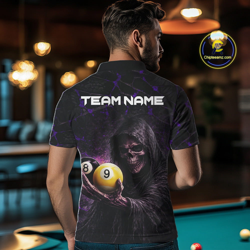 Purple Grunge Grim Reaper Hold 8 Ball & 9 Ball Pool Men Billiard Shirt Custom Billiard Team Attire NYN2702