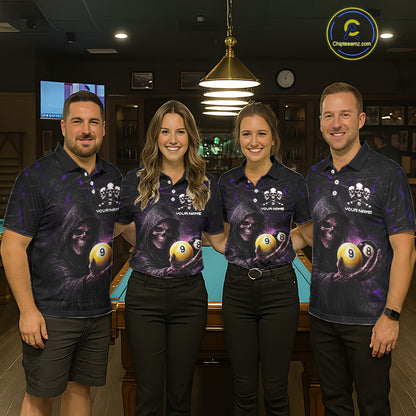 Purple Grunge Grim Reaper Hold 8 Ball & 9 Ball Pool Women Billiard Shirt Custom Billiard Team Attire NYN2702