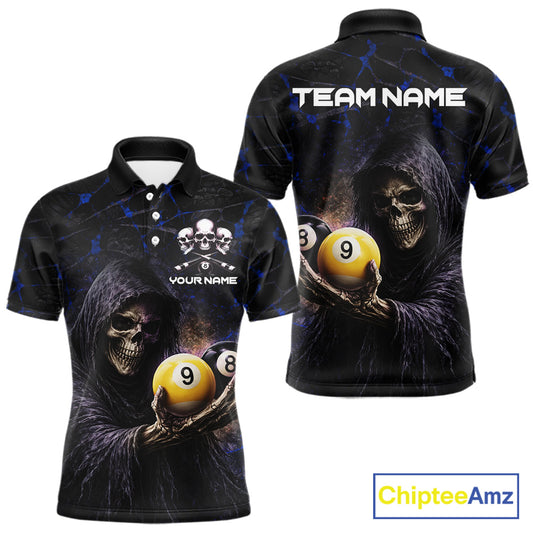 Blue Grunge Grim Reaper Hold 8 Ball & 9 Ball Pool Men Billiard Shirt Custom Billiard Team Attire NYN2703