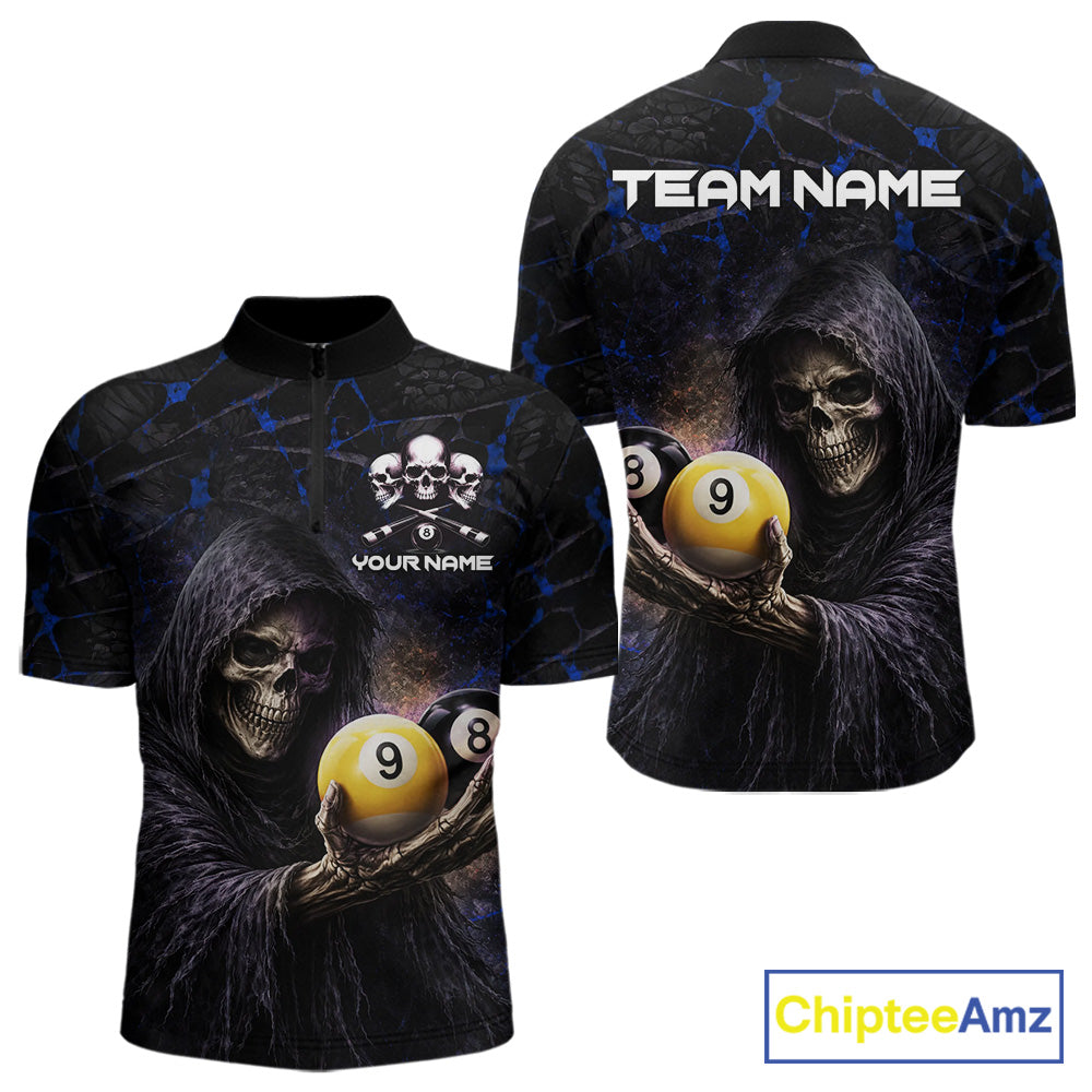 Blue Grunge Grim Reaper Hold 8 Ball & 9 Ball Pool Men Billiard Shirt Custom Billiard Team Attire NYN2703