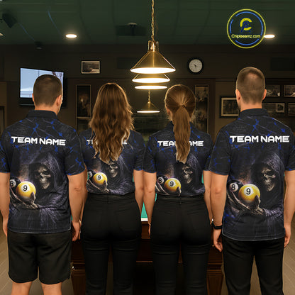 Blue Grunge Grim Reaper Hold 8 Ball & 9 Ball Pool Women Billiard Shirt Custom Billiard Team Attire NYN2703