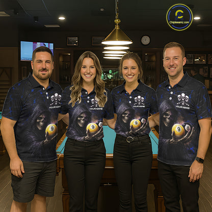 Blue Grunge Grim Reaper Hold 8 Ball & 9 Ball Pool Women Billiard Shirt Custom Billiard Team Attire NYN2703