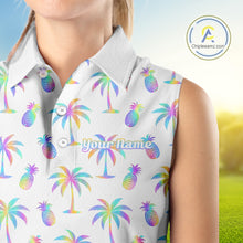 Load image into Gallery viewer, Personalized Tropical Palm Trees Pineapple Women Golf Sleeveless Polo Shirts Holographic Team Golf Clothes NYN2862