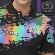 Load image into Gallery viewer, Custom Rainbow Holographic Splatter Bowling Shirts For Men, Colorful Bowling Pin And Ball Jersey NYN3072