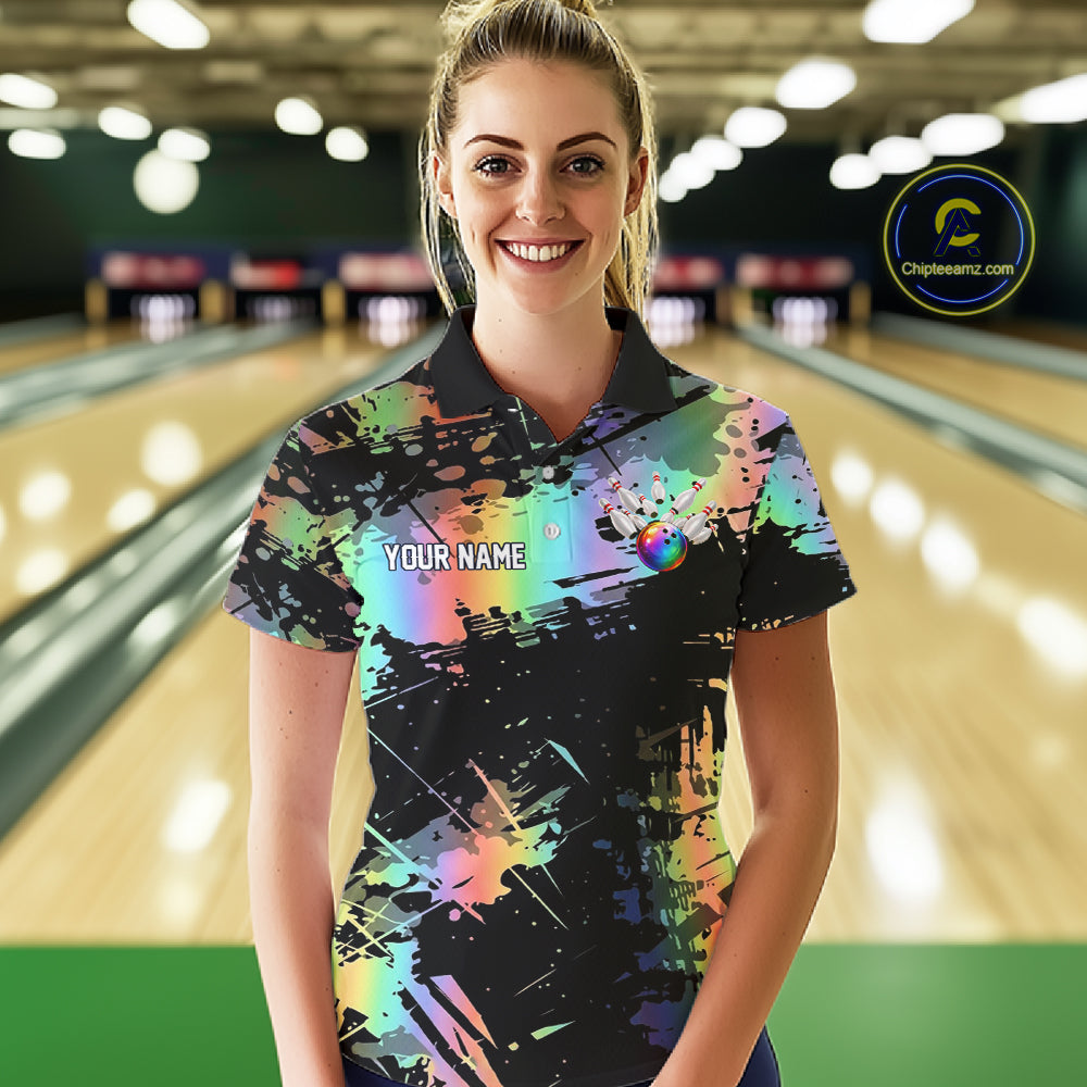 Custom Rainbow Holographic Splatter Bowling Shirts For Women, Colorful Bowling Pin And Ball Jersey NYN3072