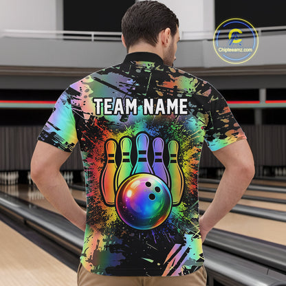 Custom Rainbow Holographic Splatter Bowling Shirts For Men, Colorful Bowling Pin And Ball Jersey NYN3072