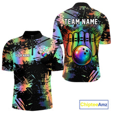Load image into Gallery viewer, Custom Rainbow Holographic Splatter Bowling Shirts For Men, Colorful Bowling Pin And Ball Jersey NYN3072