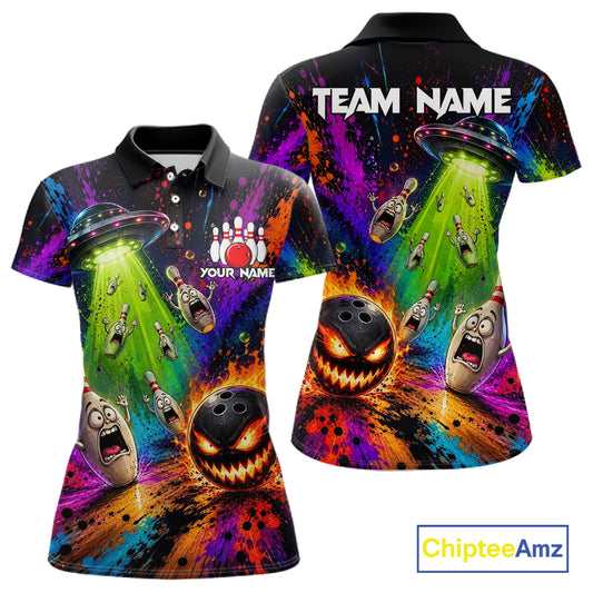 Colorful Splatter UFO Alien Bowling Polo featuring galaxy artwork, alien mascot, personalized bowling team jersey, moisture-wicking performance apparel, gaming-inspired sportswear, sci-fi bowling clothing, esports aesthetic, vibrant splatter art.