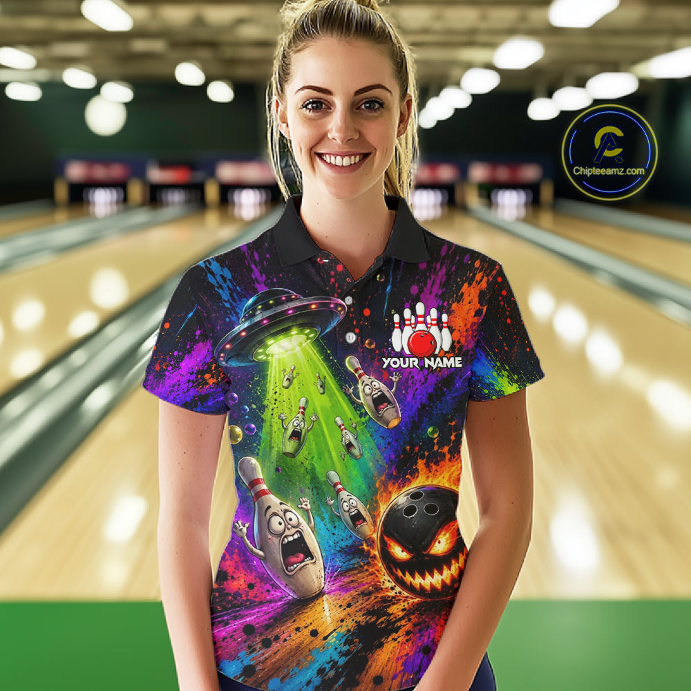 Female bowler modeling Galaxy UFO Alien bowling jersey representing imagination, creativity, exploration, gaming culture, sci-fi fandom, futuristic sportswear, personalized bowling apparel.