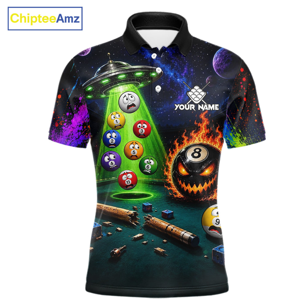 Galaxy UFO Alien Billiard Polo with personalized player name, cosmic artwork, UFO graphics, custom tournament jersey, gaming culture apparel, cue sports performance clothing
