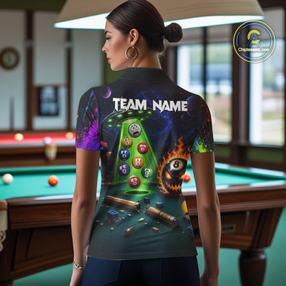 Female player modeling Galaxy UFO Alien billiard jersey representing imagination, exploration, sci-fi culture, gaming community, competitive sports fashion.