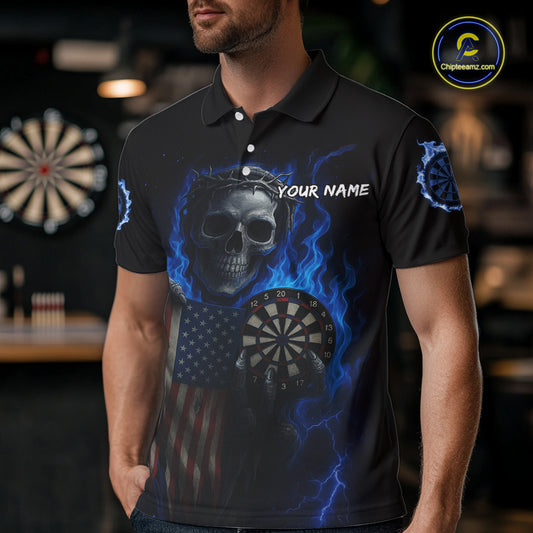 Custom Blue Flames Skeleton USA Flag Dart Men Polo Jerseys Patriotic Dart Team Shirt NYN1698
