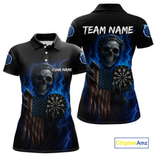 Load image into Gallery viewer, Custom Blue Flames Skeleton USA Flag Dart Women Polo Jerseys Patriotic Dart Team Shirt NYN1698