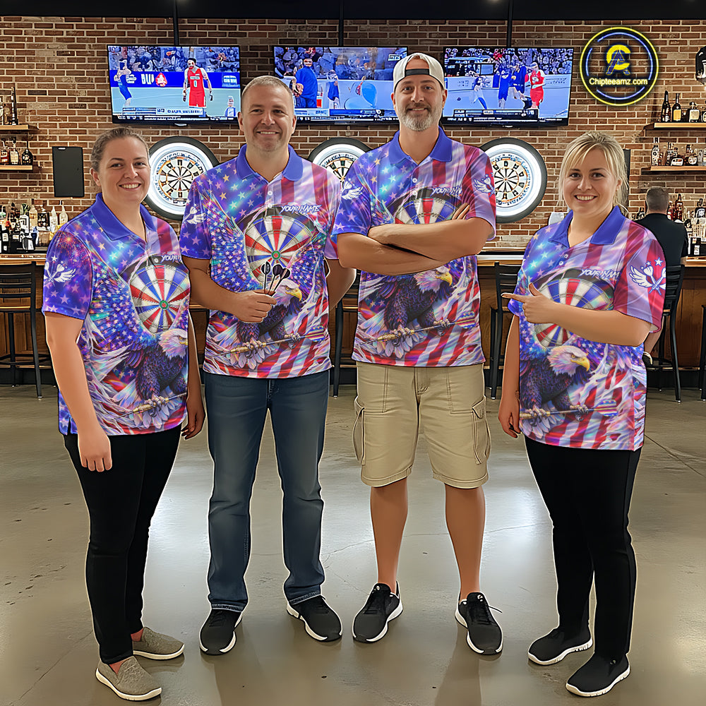 Funny Eagle Freedom Patriotic Darts Polo Shirt For Men Custom Holographic US Flag Dart Jerseys NYN2520