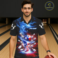 Load image into Gallery viewer, Male and female models wearing Fire Flame Texas Flag Tornado bowling Hawaiian shirts, custom button-up bowling team apparel featuring patriotic Texas graphics, tropical resort clothing, summer vacation shirt, league tournament outfit symbolizing pride, strength, teamwork and competitive spirit