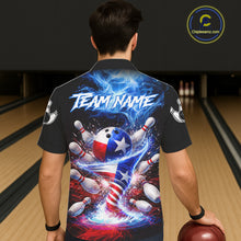 Load image into Gallery viewer, Male and female models wearing Fire Flame Texas Flag Tornado bowling Hawaiian shirts, custom button-up bowling team apparel featuring patriotic Texas graphics, tropical resort clothing, summer vacation shirt, league tournament outfit symbolizing pride, strength, teamwork and competitive spirit