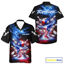 Load image into Gallery viewer, Fire Flame Texas Flag Tornado bowling Hawaiian shirt featuring blazing fire graphics, Texas flag tornado artwork, custom button-up bowling team shirt, tropical aloha bowling apparel, lightweight summer bowling league uniform, personalized vacation bowling shirt