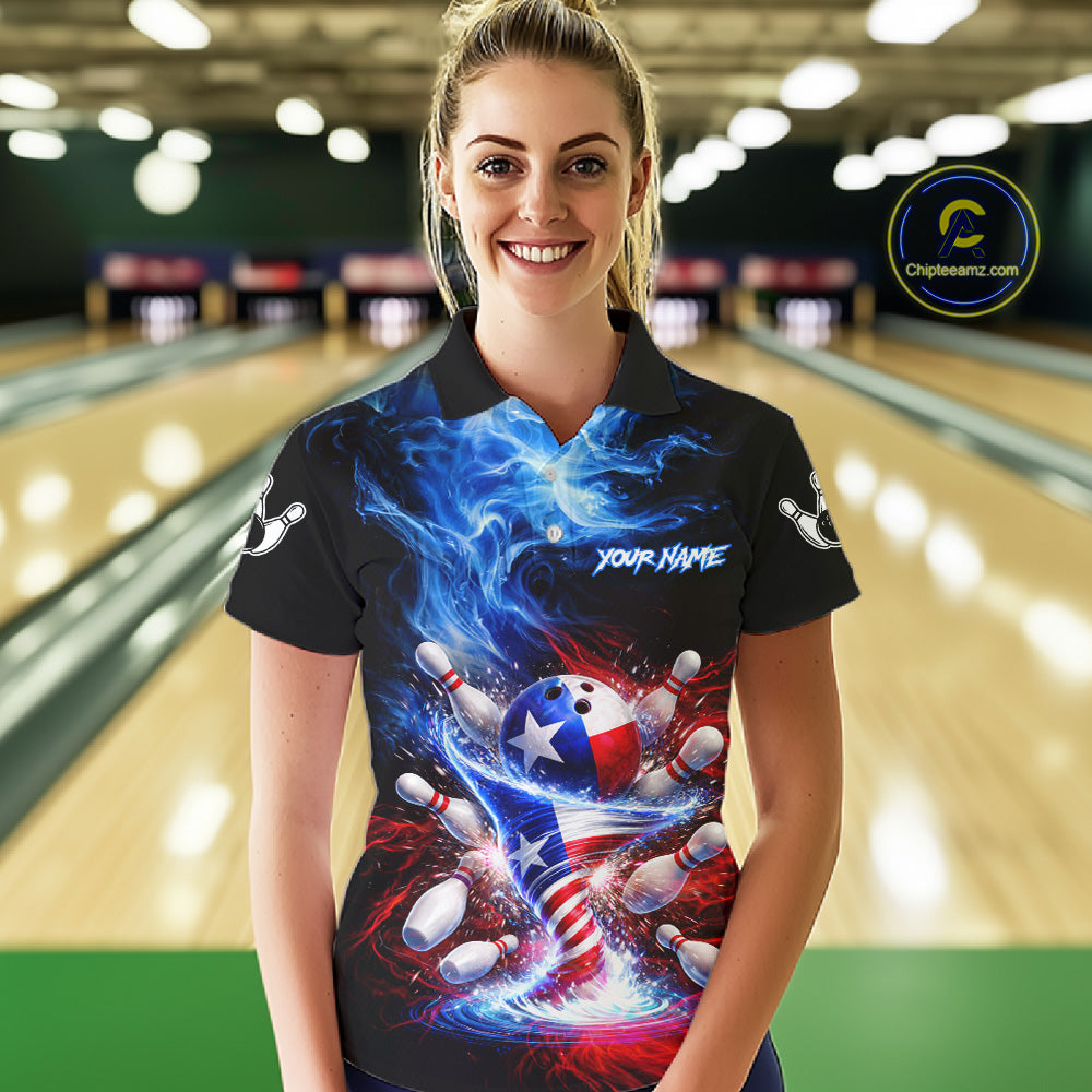 Personalized Fire Flame Texas Flag Tornado Bowling Team Shirts For Women Patriotic Bowling Gifts NYN2722