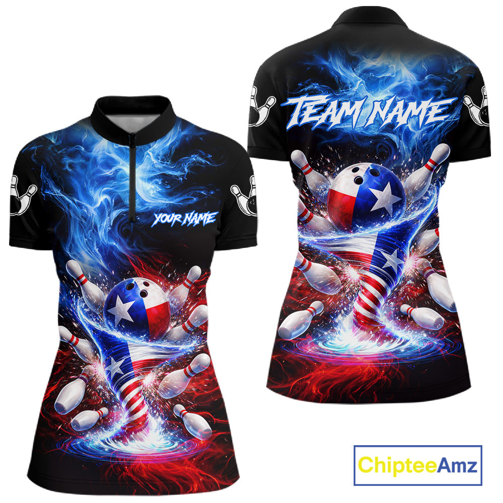 Personalized Fire Flame Texas Flag Tornado Bowling Team Shirts For Women Patriotic Bowling Gifts NYN2722