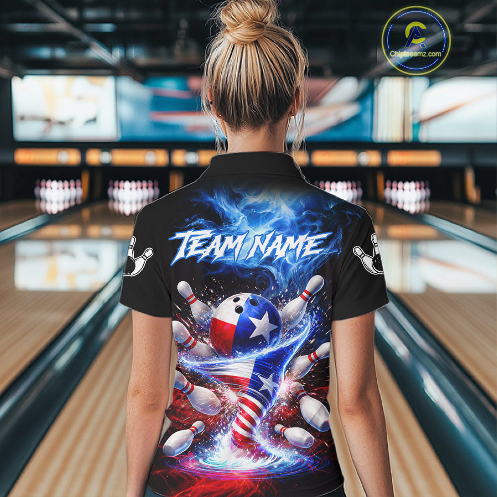 Personalized Fire Flame Texas Flag Tornado Bowling Team Shirts For Women Patriotic Bowling Gifts NYN2722