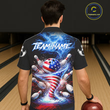 Load image into Gallery viewer, Male and female models wearing Fire Flame American Flag Tornado bowling Hawaiian shirts, patriotic USA bowling button-up shirts for league tournaments, tropical resort apparel, Independence Day bowling outfit symbolizing freedom, unity, courage and championship spirit