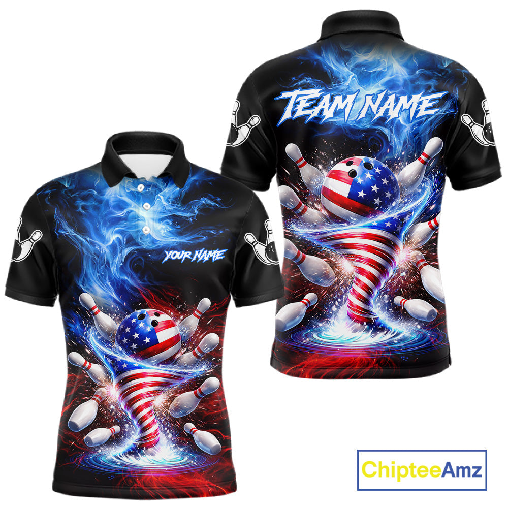 Personalized Fire Flame American Flag Tornado Bowling Team Shirts For Men Patriotic Bowling Gifts NYN2723