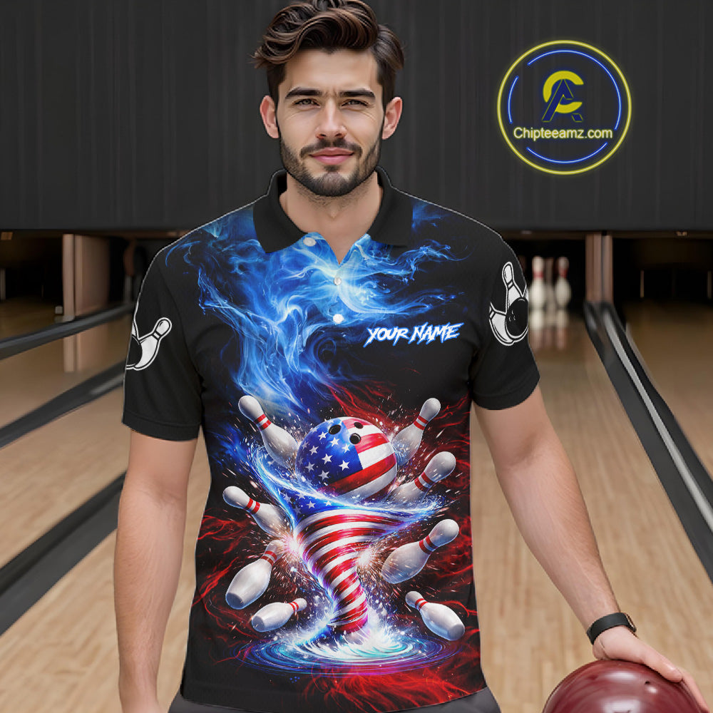 Personalized Fire Flame American Flag Tornado Bowling Team Shirts For Men Patriotic Bowling Gifts NYN2723