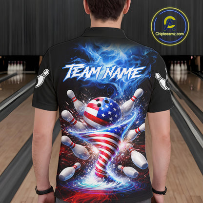 Personalized Fire Flame American Flag Tornado Bowling Team Shirts For Men Patriotic Bowling Gifts NYN2723