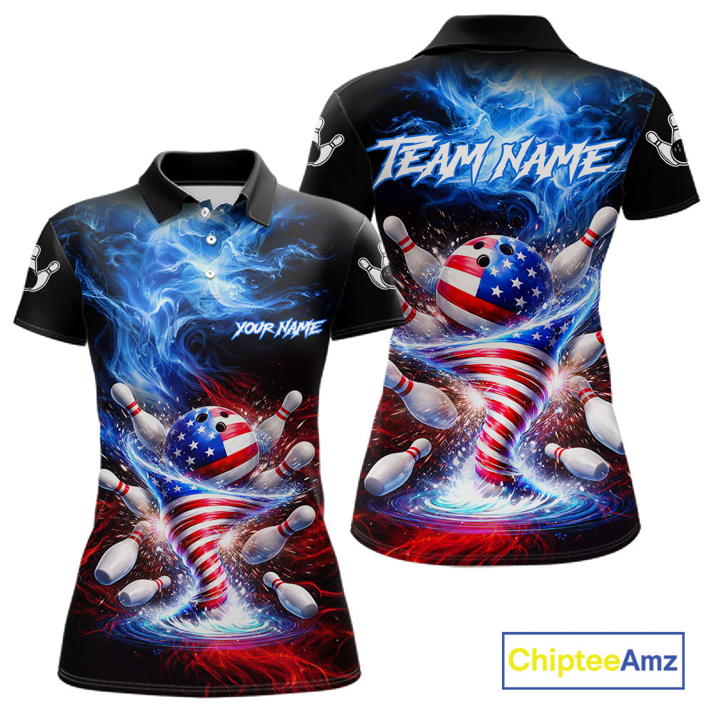 Personalized Fire Flame American Flag Tornado Bowling Team Shirts For Women Patriotic Bowling Gifts NYN2723