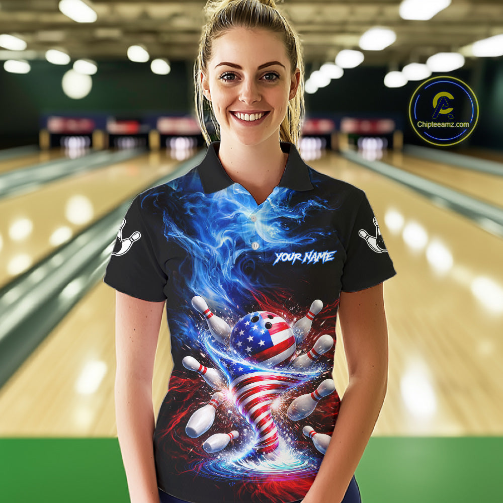 Personalized Fire Flame American Flag Tornado Bowling Team Shirts For Women Patriotic Bowling Gifts NYN2723