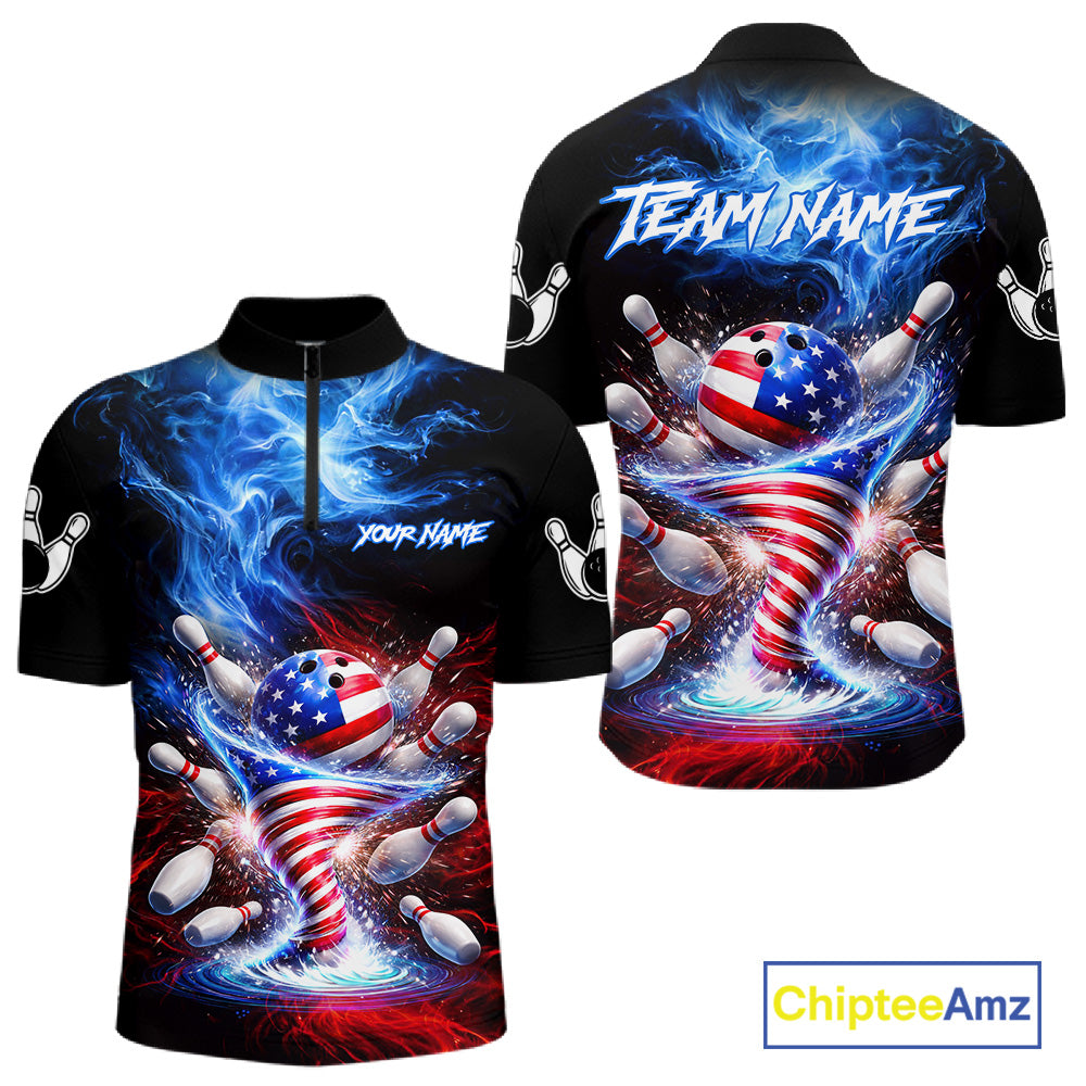 Personalized Fire Flame American Flag Tornado Bowling Team Shirts For Men Patriotic Bowling Gifts NYN2723