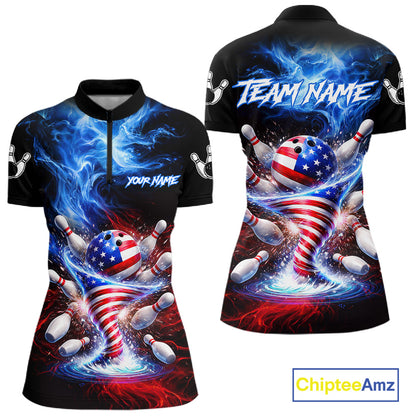 Personalized Fire Flame American Flag Tornado Bowling Team Shirts For Women Patriotic Bowling Gifts NYN2723