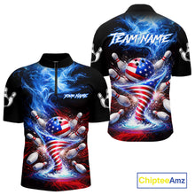 Load image into Gallery viewer, Personalized Fire Flame American Flag Tornado Bowling Team Shirts For Men Patriotic Bowling Gifts NYN2723