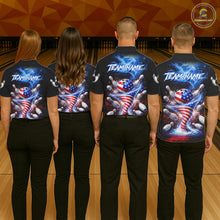 Load image into Gallery viewer, Personalized Fire Flame American Flag Tornado Bowling Team Shirts For Men Patriotic Bowling Gifts NYN2723