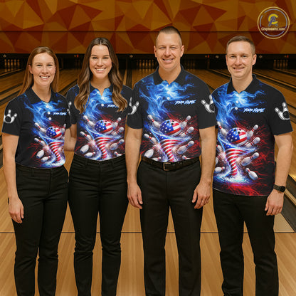 Personalized Fire Flame American Flag Tornado Bowling Team Shirts For Men Patriotic Bowling Gifts NYN2723