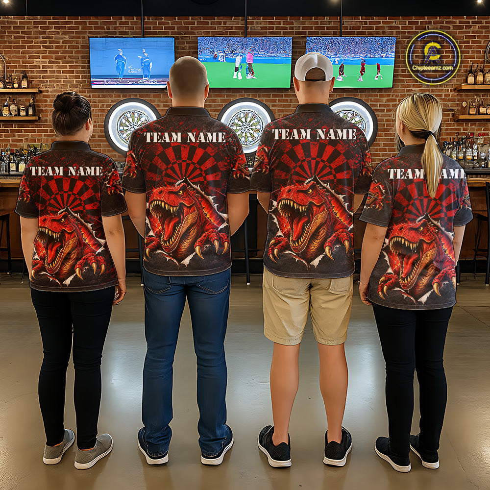 Custom Red Grunge Dart Polo & Quarter Zip Shirt For Women Dinosaur Funny Darts Team Jersey NYN2868