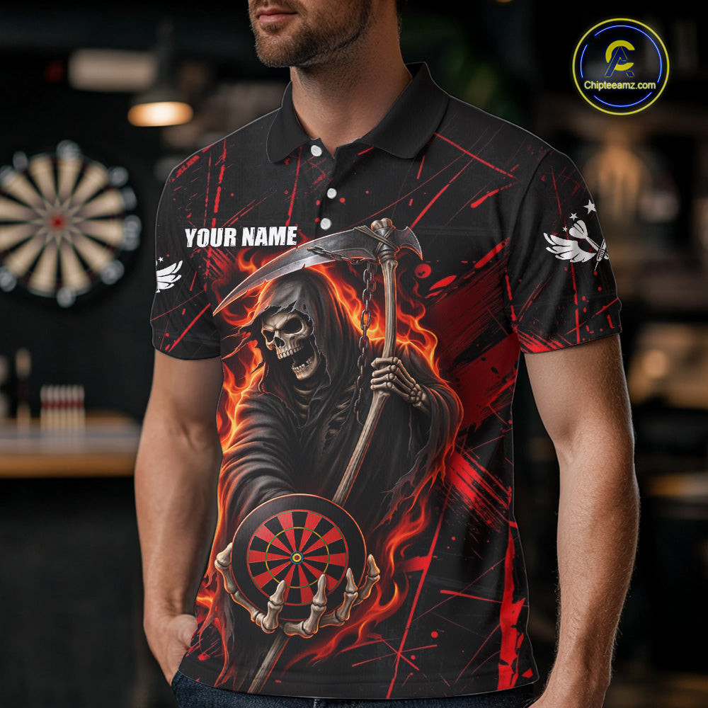 Fire Flame Red Grim Reaper Darts Polo & 1/4-Zip Shirt Custom Red Grunge Dart Jersey For Men NYN3083