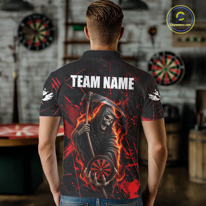 Fire Flame Red Grim Reaper Darts Polo & 1/4-Zip Shirt Custom Red Grunge Dart Jersey For Men NYN3083