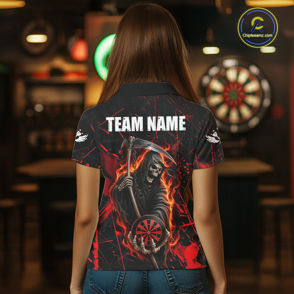 Fire Flame Red Grim Reaper Darts Polo & 1/4-Zip Shirt Custom Red Grunge Dart Jersey For Women NYN3083