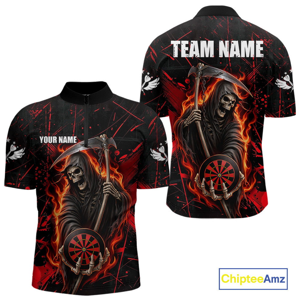 Fire Flame Red Grim Reaper Darts Polo & 1/4-Zip Shirt Custom Red Grunge Dart Jersey For Men NYN3083
