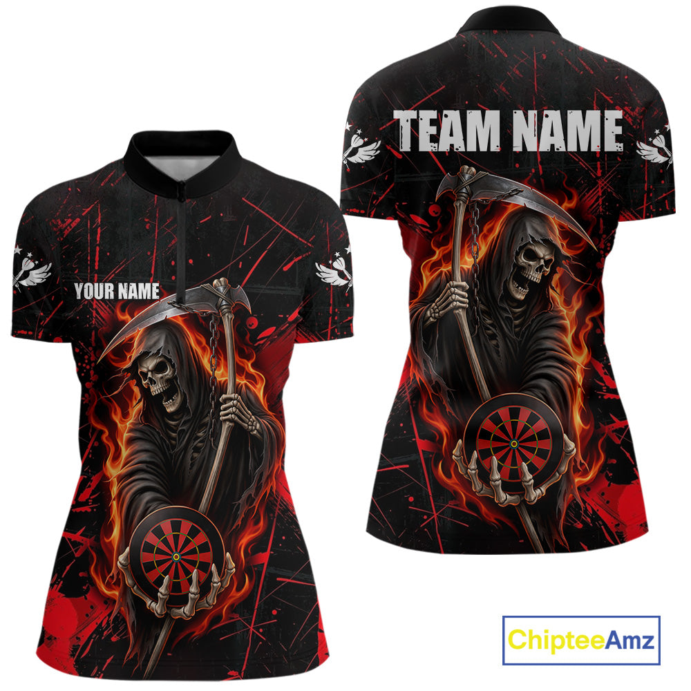 Fire Flame Red Grim Reaper Darts Polo & 1/4-Zip Shirt Custom Red Grunge Dart Jersey For Women NYN3083