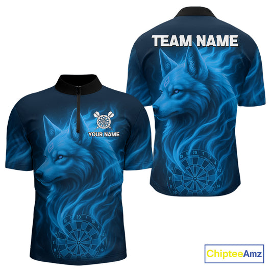Blue Flaming Wolf Dartboard Darts Shirt For Men - Custom Team Jersey For Players NYN0575