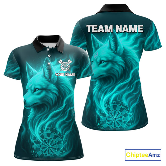 Turquoise Flaming Wolf Dartboard Darts Shirt For Women - Custom Team Jersey For Players NYN0576