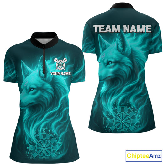 Turquoise Flaming Wolf Dartboard Darts Shirt For Women - Custom Team Jersey For Players NYN0576