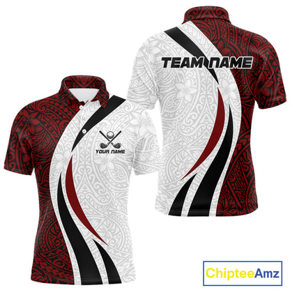 Tribal Pattern Men's Golf Polo Shirt mockup in black red white colors, personalized golf shirt, custom golf team jersey, moisture-wicking polo, golf tournament apparel, tribal geometric golf clothing.