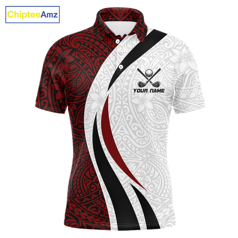 Tribal Pattern Men's Golf Polo Shirt mockup in black red white colors, personalized golf shirt, custom golf team jersey, moisture-wicking polo, golf tournament apparel, tribal geometric golf clothing.