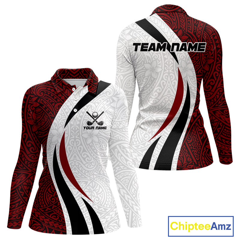 Tribal Pattern Women's Golf Polo Shirt mockup in black, red and white featuring geometric tribal design, personalized women's golf apparel, custom golf team shirt, breathable performance golf polo, modern golf tournament clothing.