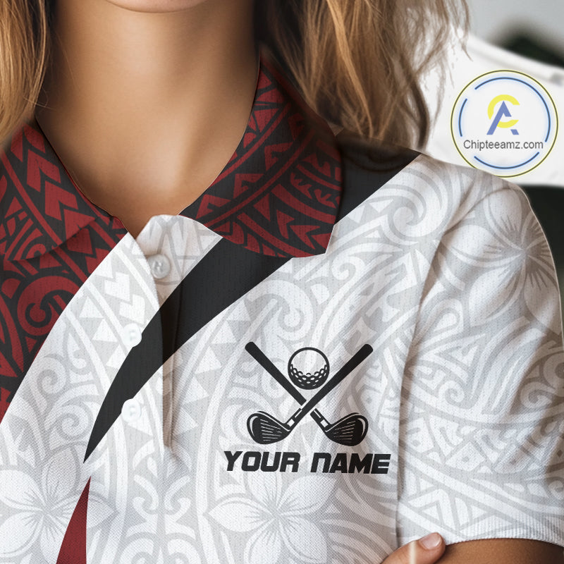 Women's model wearing Tribal Pattern Golf Polo Shirt, modern tribal golf fashion, custom golf team clothing, performance golf apparel, golf lifestyle outfit.