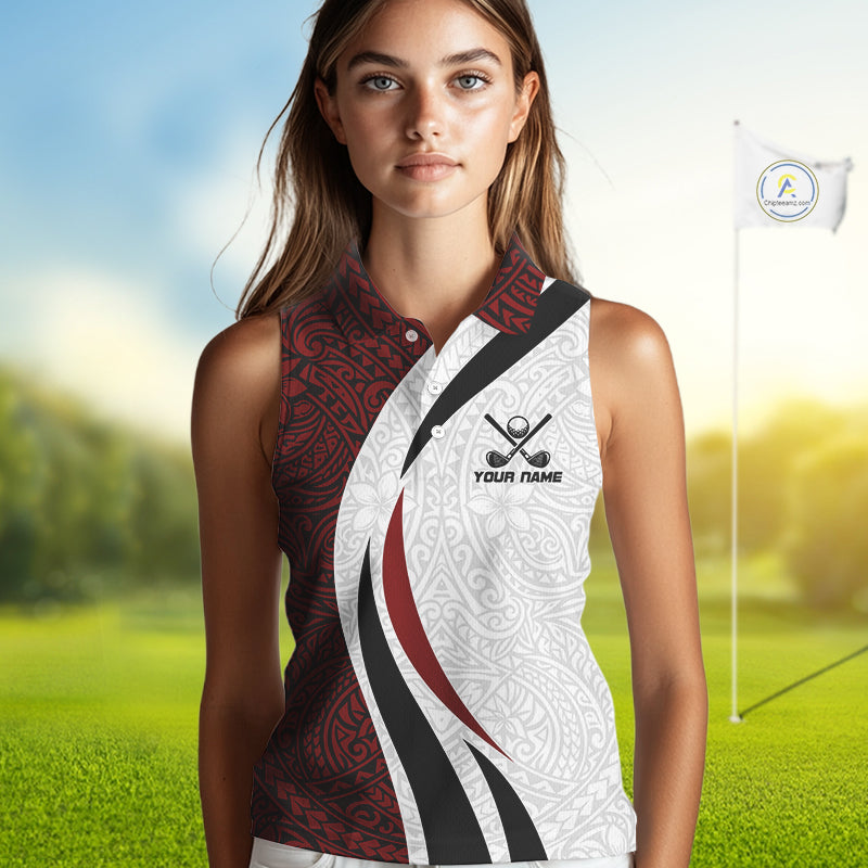 Women's model wearing Tribal Pattern Golf Polo Shirt, modern tribal golf fashion, custom golf team clothing, performance golf apparel, golf lifestyle outfit.