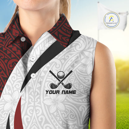 Women's model wearing Tribal Pattern Golf Polo Shirt, modern tribal golf fashion, custom golf team clothing, performance golf apparel, golf lifestyle outfit.